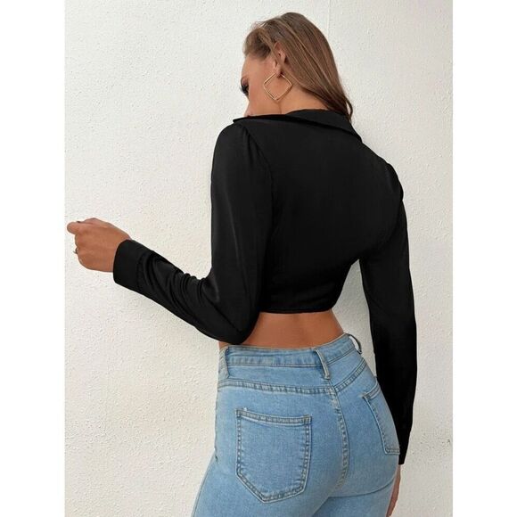 SHEIN Black Silk Tie Front Blouse - Picture 2 of 5